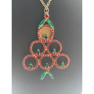 Vintage Rhinestone Christmas Tree Pendant Necklace With Gold-Tone Chain & Red/Gr